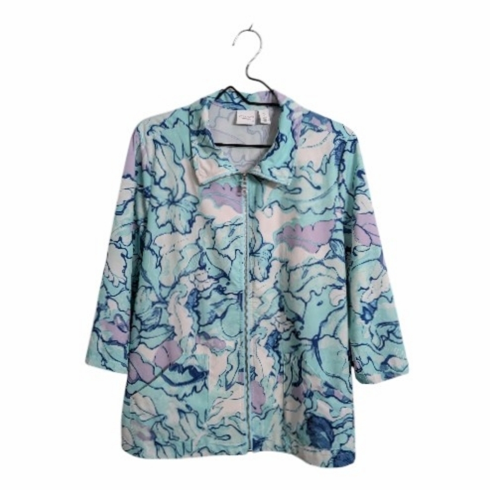 Weekends x Chico's Blue Purple Watercolor Lightweight Jacket 3/4 Sleeve Zipper L
